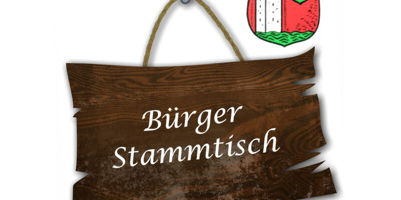 Grafik eines Holzschildes mit Schriftzug und Wappen