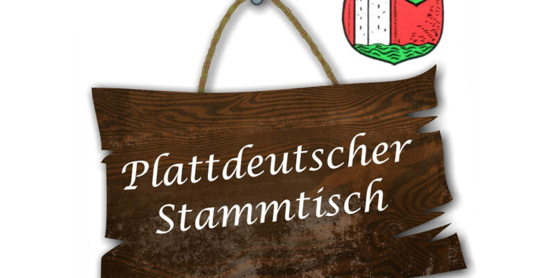 Grafik eines Holzschildes mit Schriftzug und Wappen